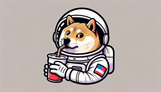 Shiba Inu in astronaut suit sipping a drink with a straw, sporting a flag patch on the arm.